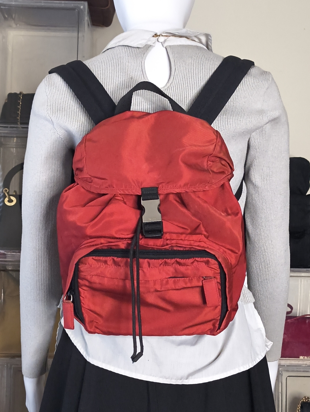 Prada Red Nylon Backpack Utility Tactical Y2K Vintage Drawstring Waist Strap EUC